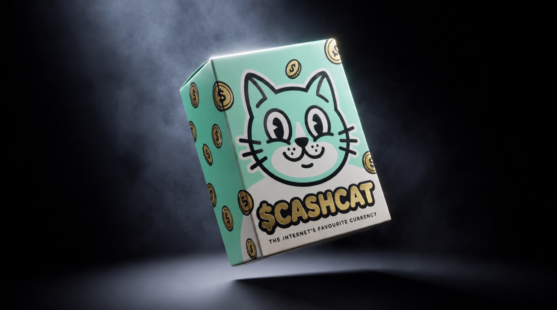 A sealed $CASHCAT collectible box floating in darkness