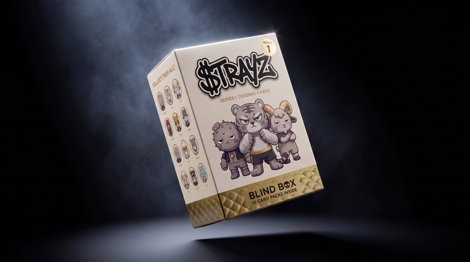 A sealed $STRAYZ collectible box floating in darkness